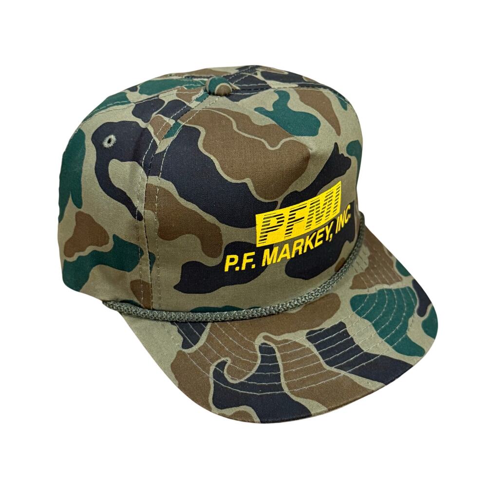 Vintage PFMI P.F. Markey Inc Camo Snapback Hat Yellow Logo Rope YoungAn Cap